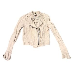 Free People Linen Blend Eyelet Moto Jacket Nude Tan Crochet Detail Boho Small
